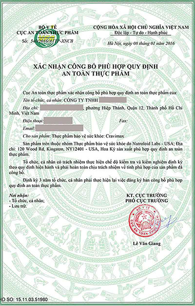 giấy công bố sản phẩm cravimax