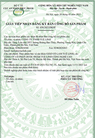 Giảo Cổ Lam Tuệ Linh - Giúp ổn định mỡ máu & đường huyết hiệu quả 12 giấy công bố giảo cổ lam tuệ linh