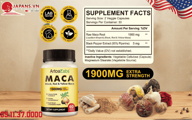 Maca Black Red Yellow 1900mg hỗ trợ tăng cường sinh lực 14 Thành phần thiên nhiên trong Maca Black Red Yellow 1900mg
